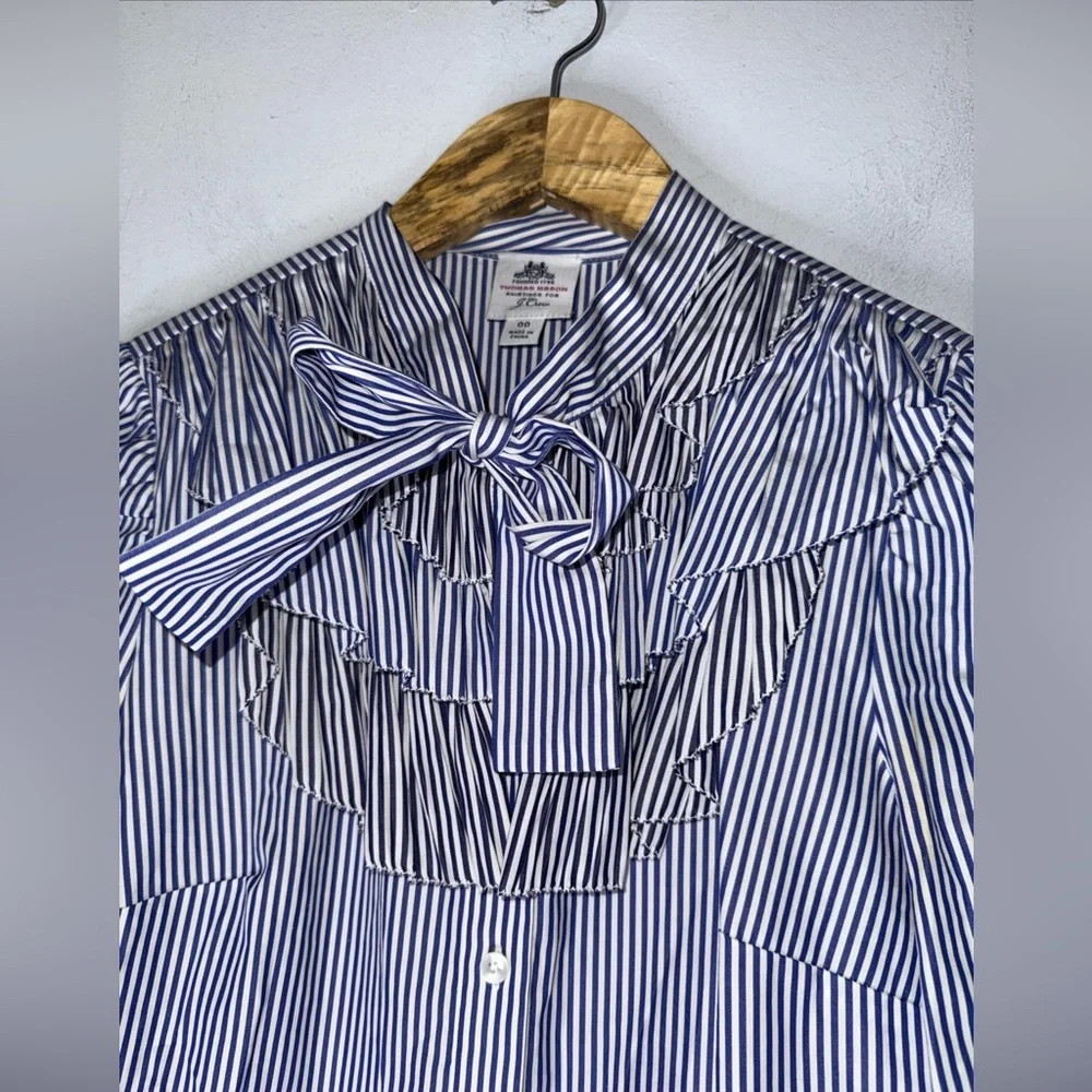 J Crew Thomas Mason Ruffle Navy & White Striped‎ Tie Neck Shirt Size 00